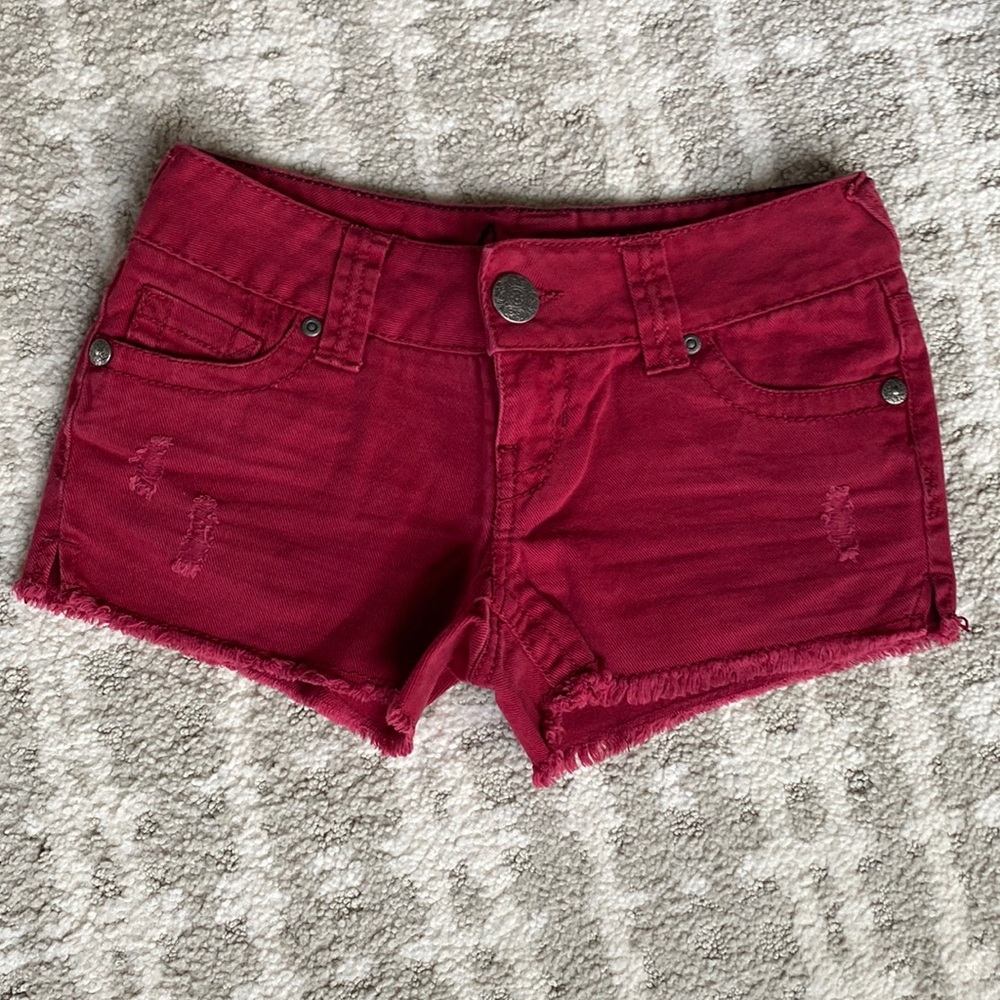 •Almost Famous• Low-Rise Distressed Red Shorts